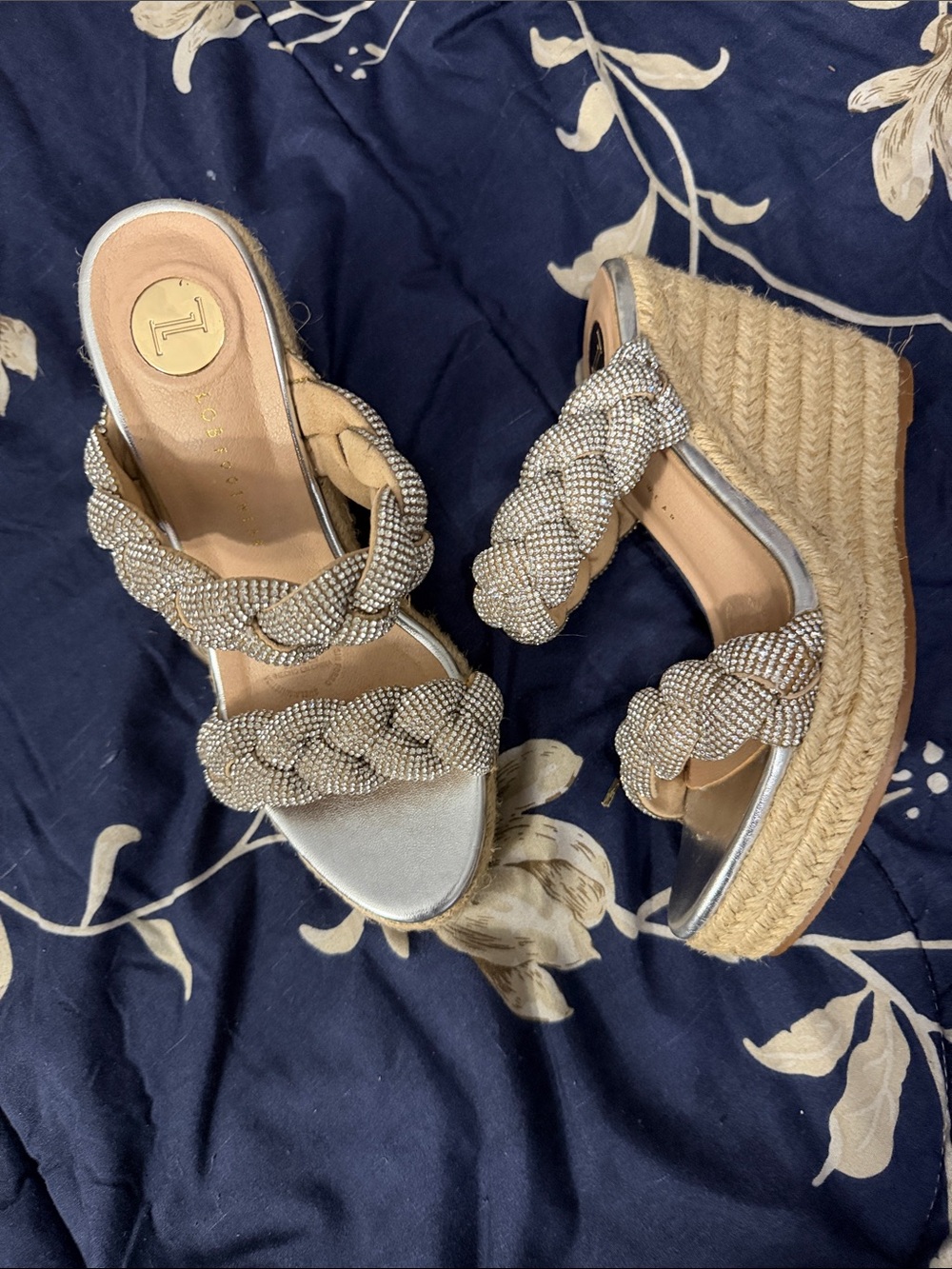 Braided Crystal Espadrille Wedge Sandals - Silver